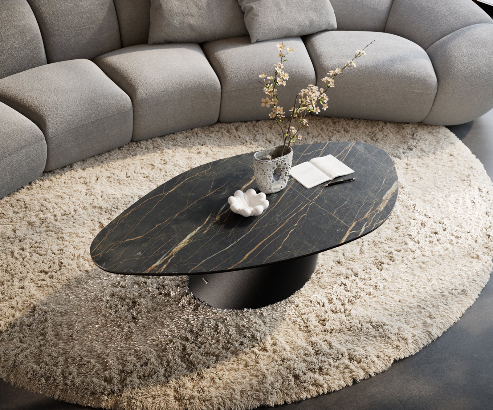Konferenční stolek Edge organický 140x76 cm keramika Laminam® Noir Desir hnědá Conis kov černá - Obrázek 4