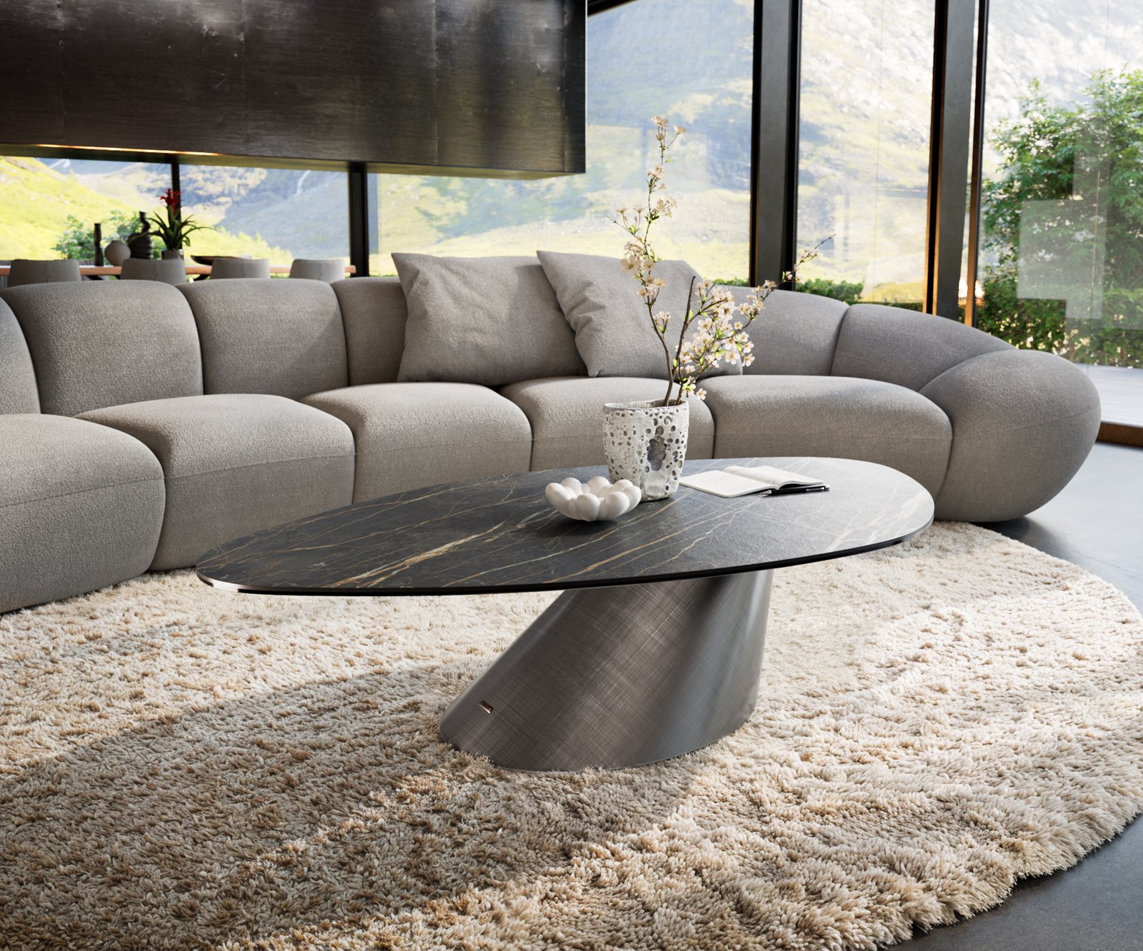 Konferenční stolek Edge organický 140x76 cm keramika Laminam® Noir Desir hnědá Conis metalická stříbrná