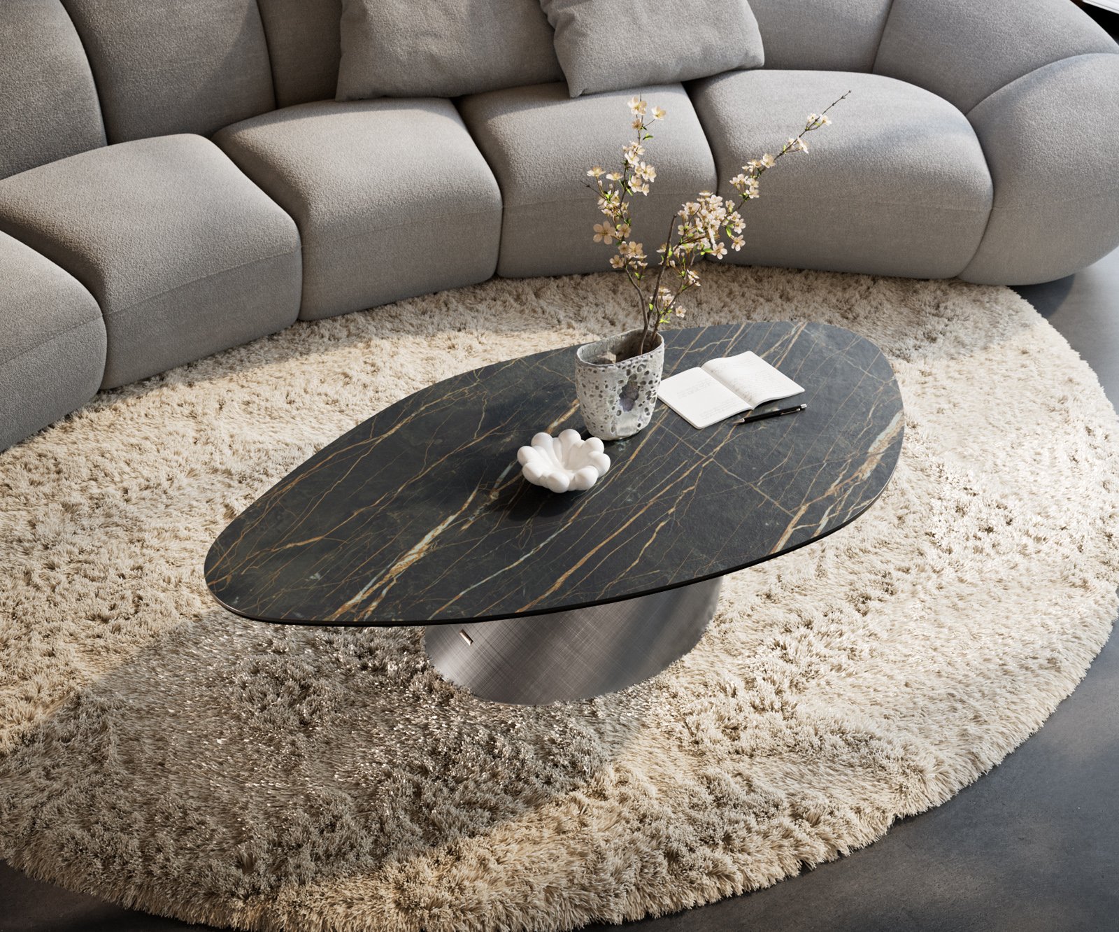 Konferenční stolek Edge organický 140x76 cm keramika Laminam® Noir Desir hnědá Conis metalická stříbrná - Obrázek 4