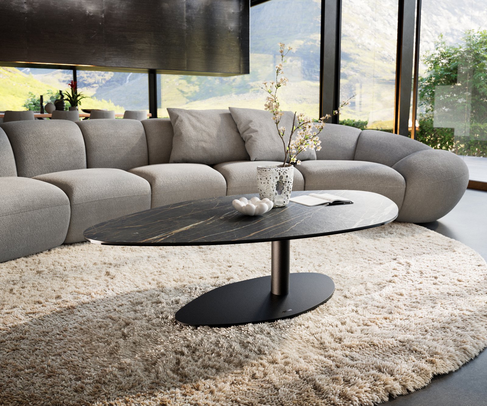 Konferenční stolek Edge organický 140x76 cm keramika Laminam® Noir Desir hnědá Vibany kov černá
