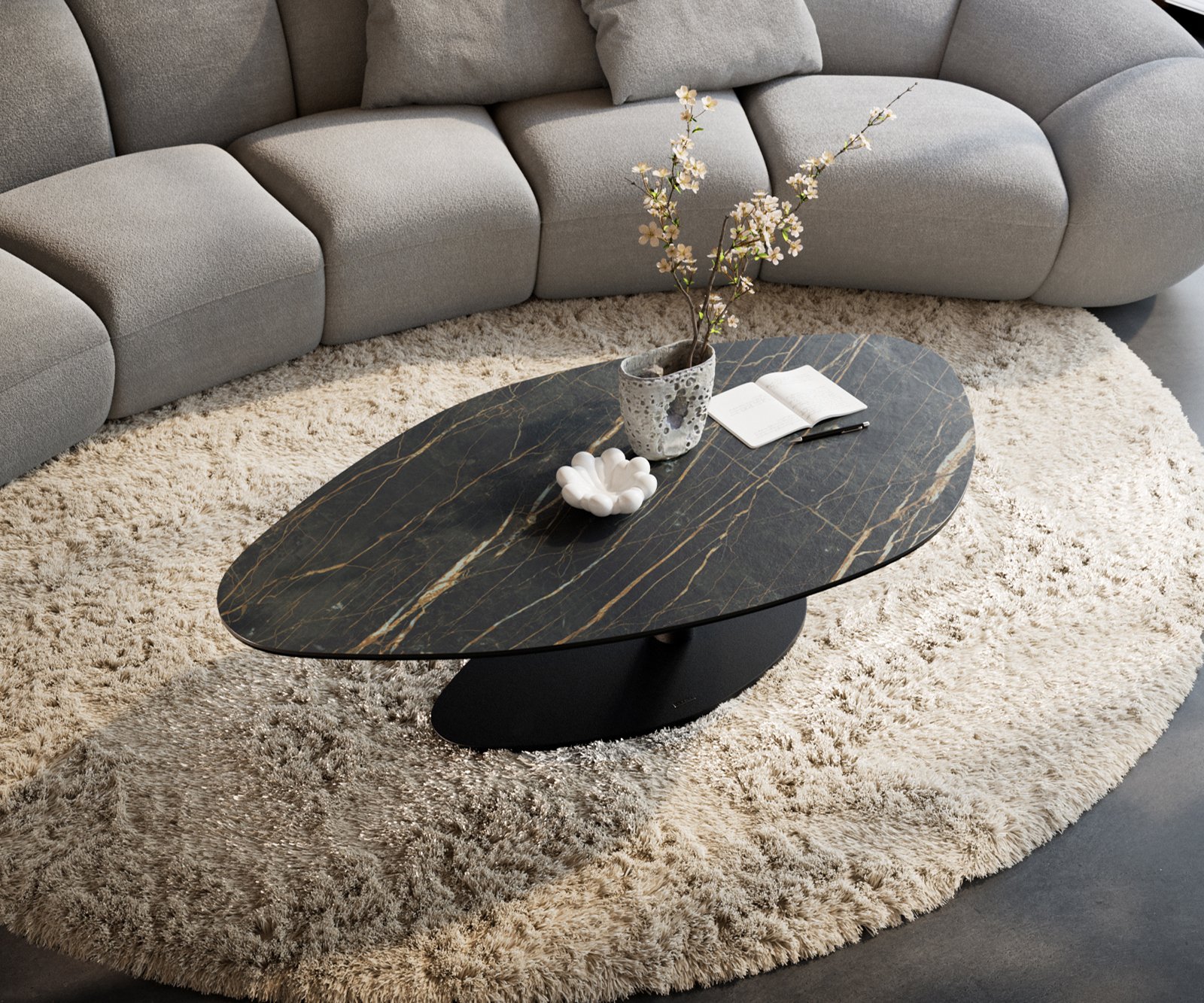 Konferenční stolek Edge organický 140x76 cm keramika Laminam® Noir Desir hnědá Vibany kov černá - Obrázek 4