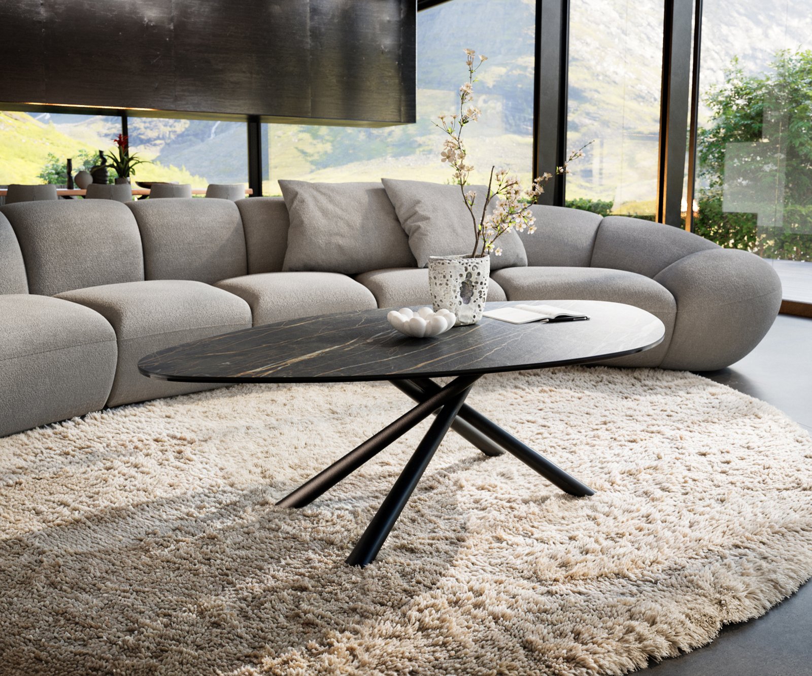 Konferenční stolek Edge organický 140x76 cm keramika Laminam® Noir Desir hnědá Sarity kov černá
