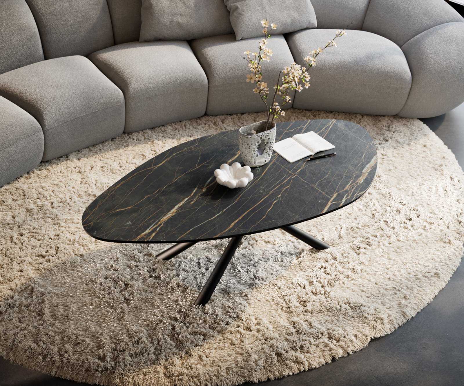 Konferenční stolek Edge organický 140x76 cm keramika Laminam® Noir Desir hnědá Sarity kov černá - Obrázek 4