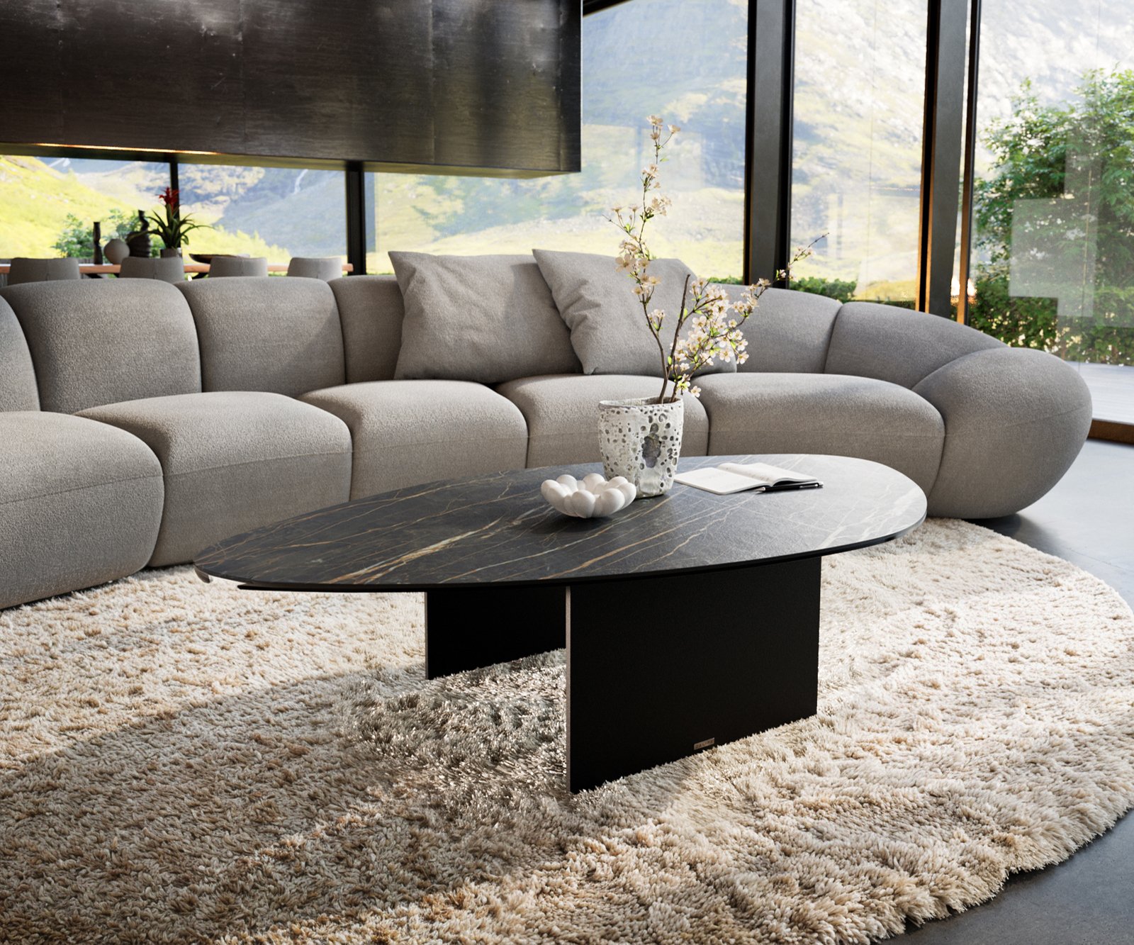 Konferenční stolek Edge organický 140x76 cm keramika Laminam® Noir Desir hnědá Salto kov černá
