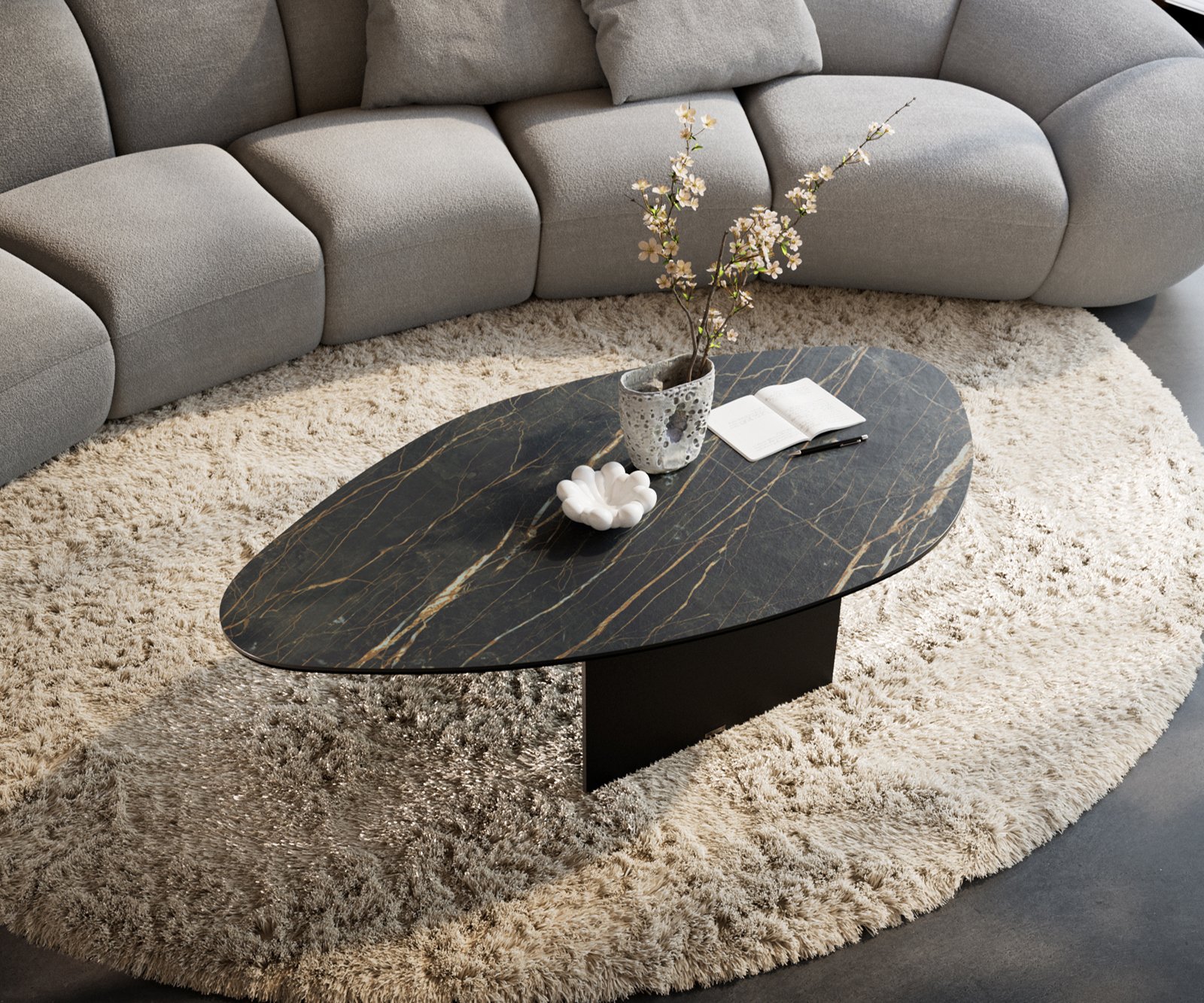Konferenční stolek Edge organický 140x76 cm keramika Laminam® Noir Desir hnědá Salto kov černá - Obrázek 4
