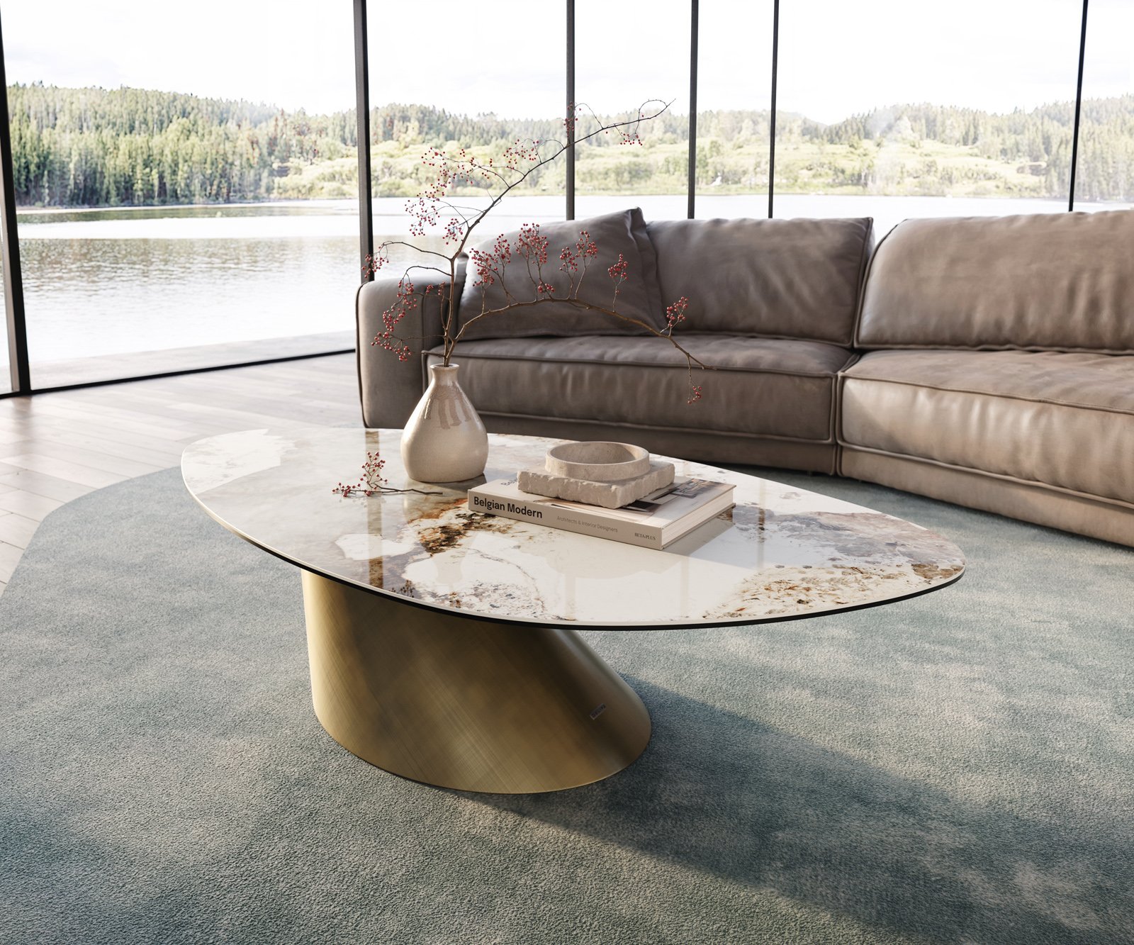 Konferenční stolek Edge organický 140x76 cm keramika Minas melange Conis metalická zlatá - Obrázek 2