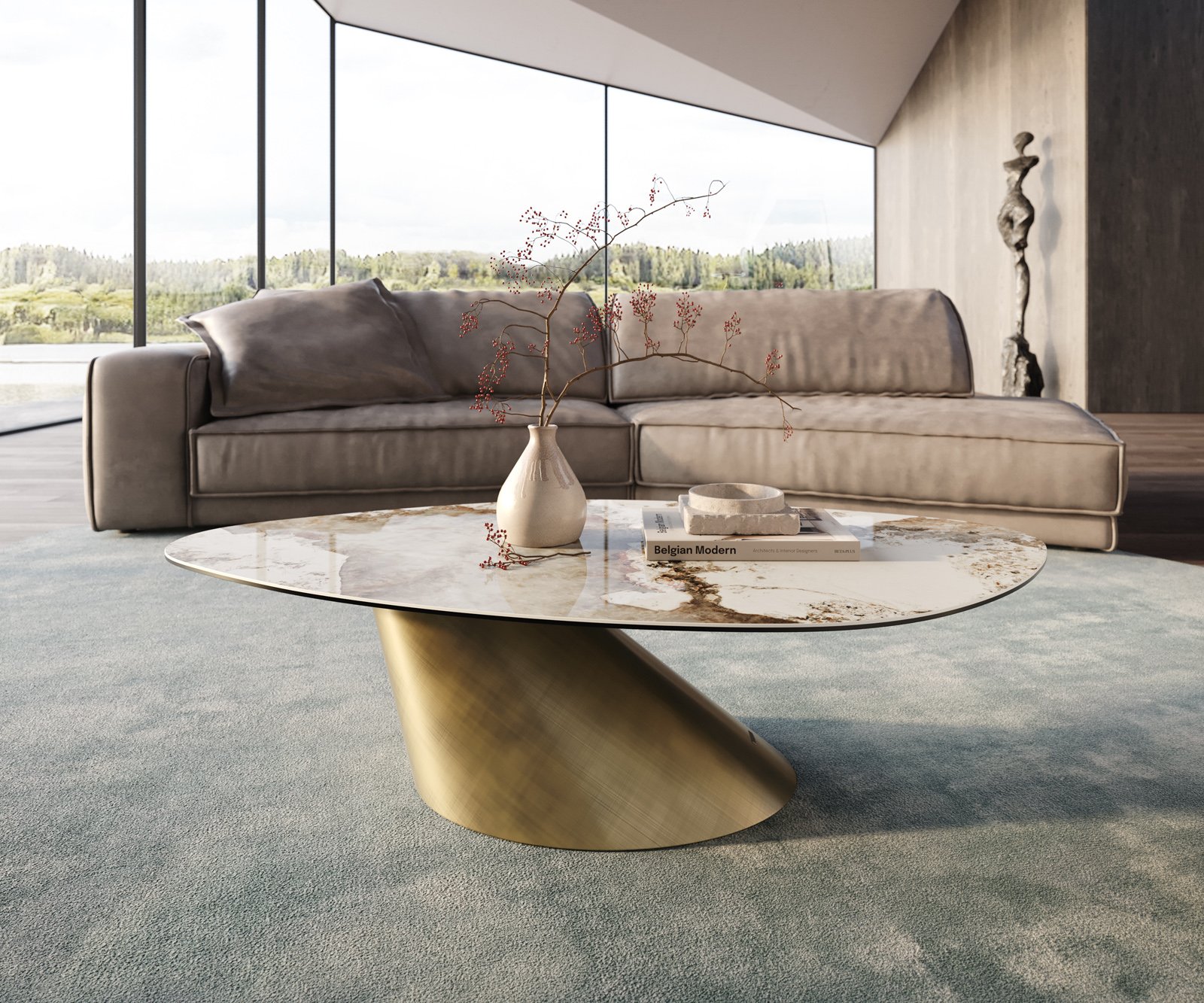 Konferenční stolek Edge organický 140x76 cm keramika Minas melange Conis metalická zlatá