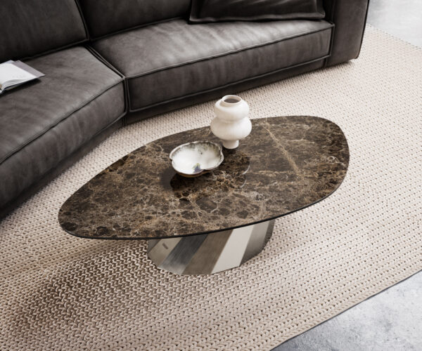 Konferenční stolek Edge organický 140x76 cm keramika Laminam® Emperador Extra Lucidato tmavě hnědá Parabi nerezová ocel broušená - Obrázek 4