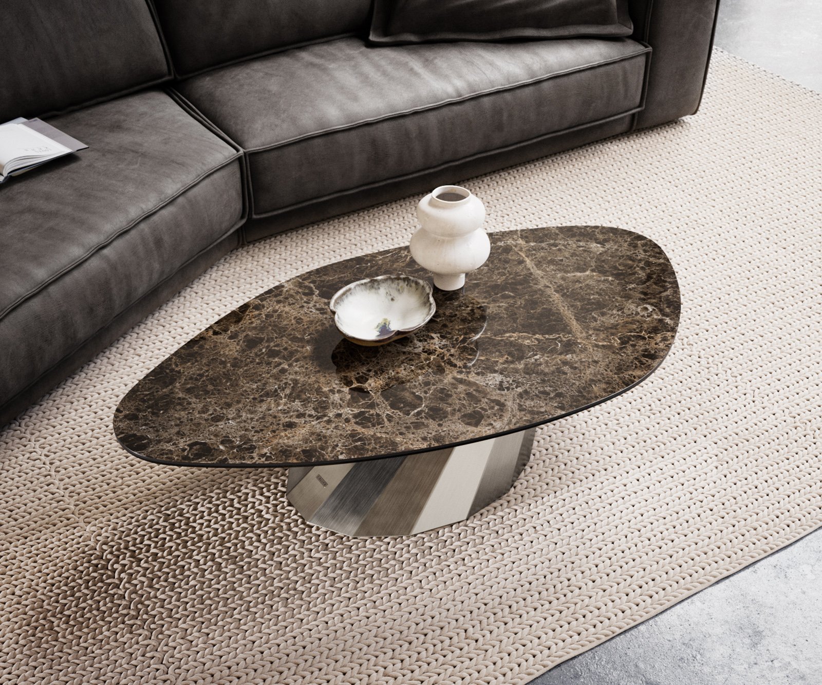 Konferenční stolek Edge organický 140x76 cm keramika Laminam® Emperador Extra Lucidato tmavě hnědá Parabi nerezová ocel broušená - Obrázek 4