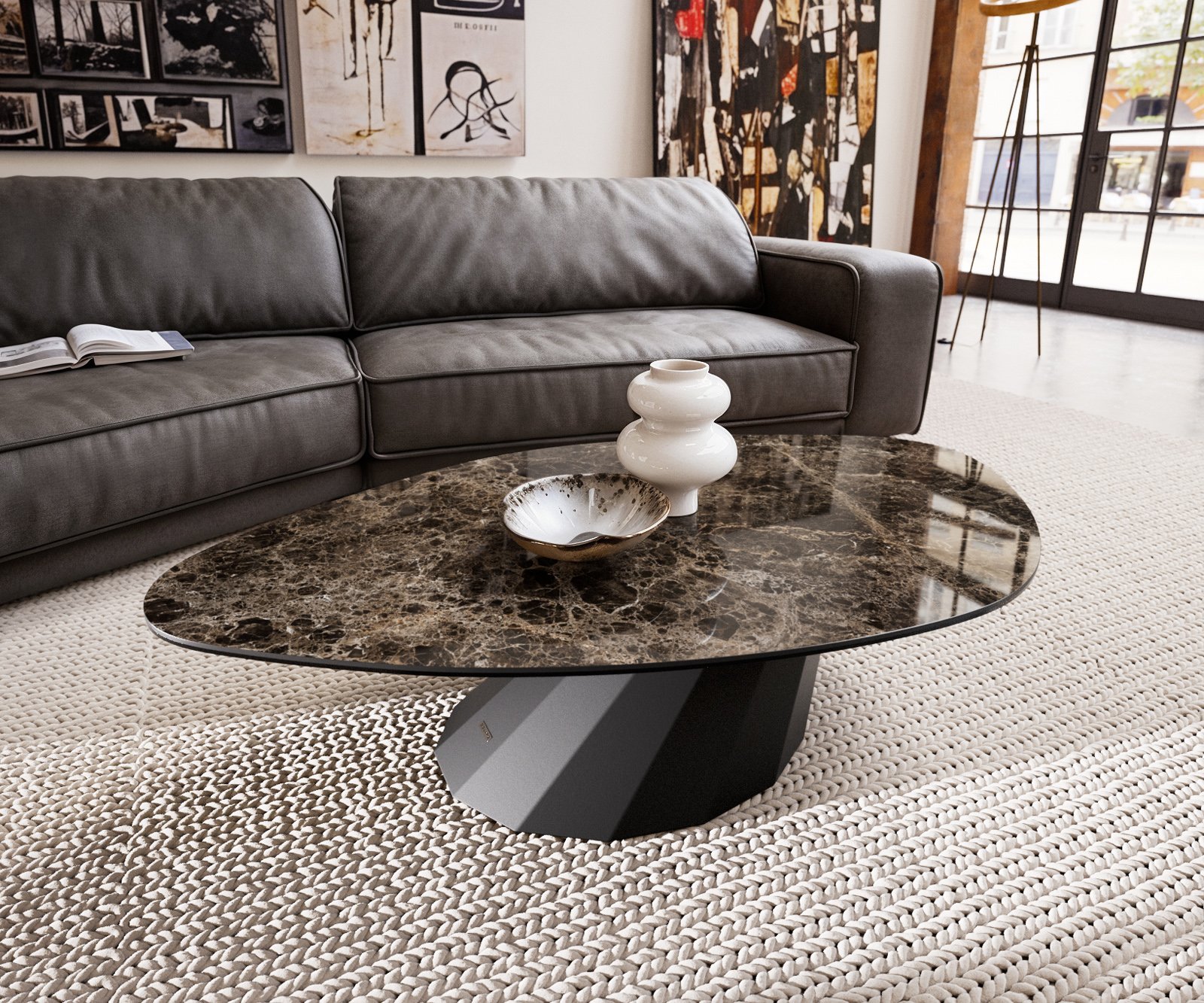Konferenční stolek Edge organický 140x76 cm keramika Laminam® Emperador Extra Lucidato tmavě hnědá Parabi kov černá - Obrázek 2