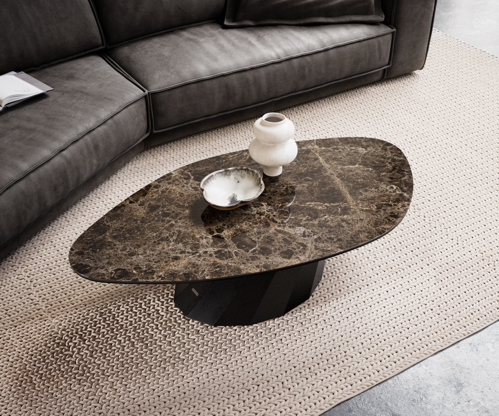 Konferenční stolek Edge organický 140x76 cm keramika Laminam® Emperador Extra Lucidato tmavě hnědá Parabi kov černá - Obrázek 4