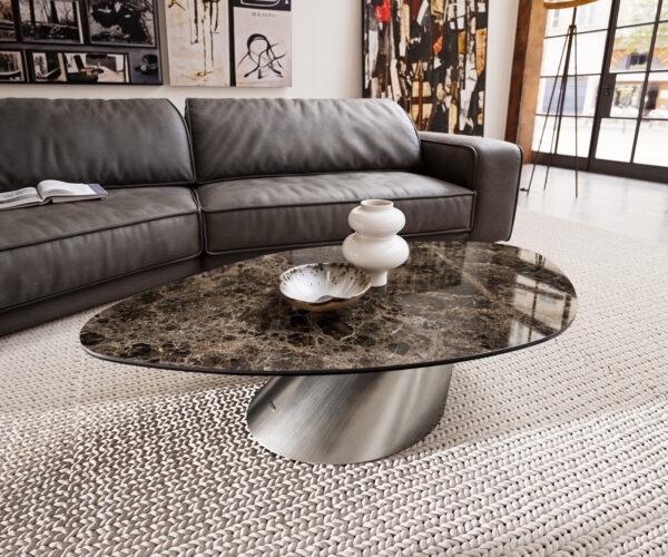 Konferenční stolek Edge organický 140x76 cm keramika Laminam® Emperador Extra Lucidato tmavě hnědá Conis nerezová ocel kartáčovaná - Obrázek 2