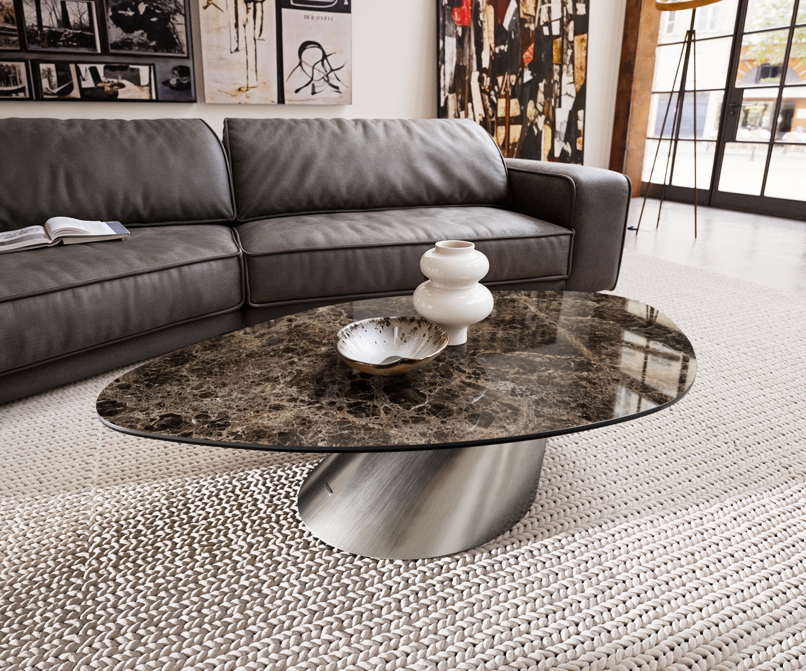 Konferenční stolek Edge organický 140x76 cm keramika Laminam® Emperador Extra Lucidato tmavě hnědá Conis nerezová ocel kartáčovaná - Obrázek 2