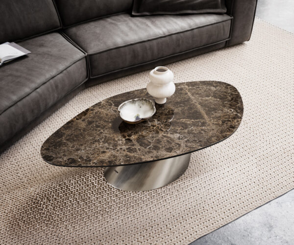 Konferenční stolek Edge organický 140x76 cm keramika Laminam® Emperador Extra Lucidato tmavě hnědá Conis nerezová ocel kartáčovaná - Obrázek 4