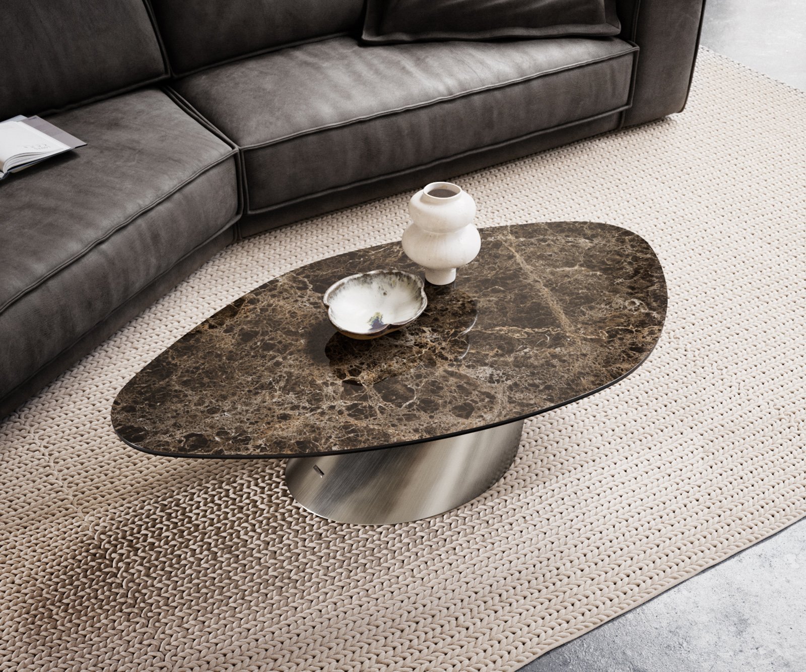 Konferenční stolek Edge organický 140x76 cm keramika Laminam® Emperador Extra Lucidato tmavě hnědá Conis nerezová ocel kartáčovaná - Obrázek 4