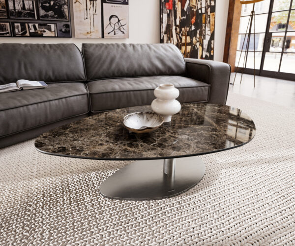 Konferenční stolek Edge organický 140x76 cm keramika Laminam® Emperador Extra Lucidato tmavě hnědá Vibany nerezová ocel broušená - Obrázek 2