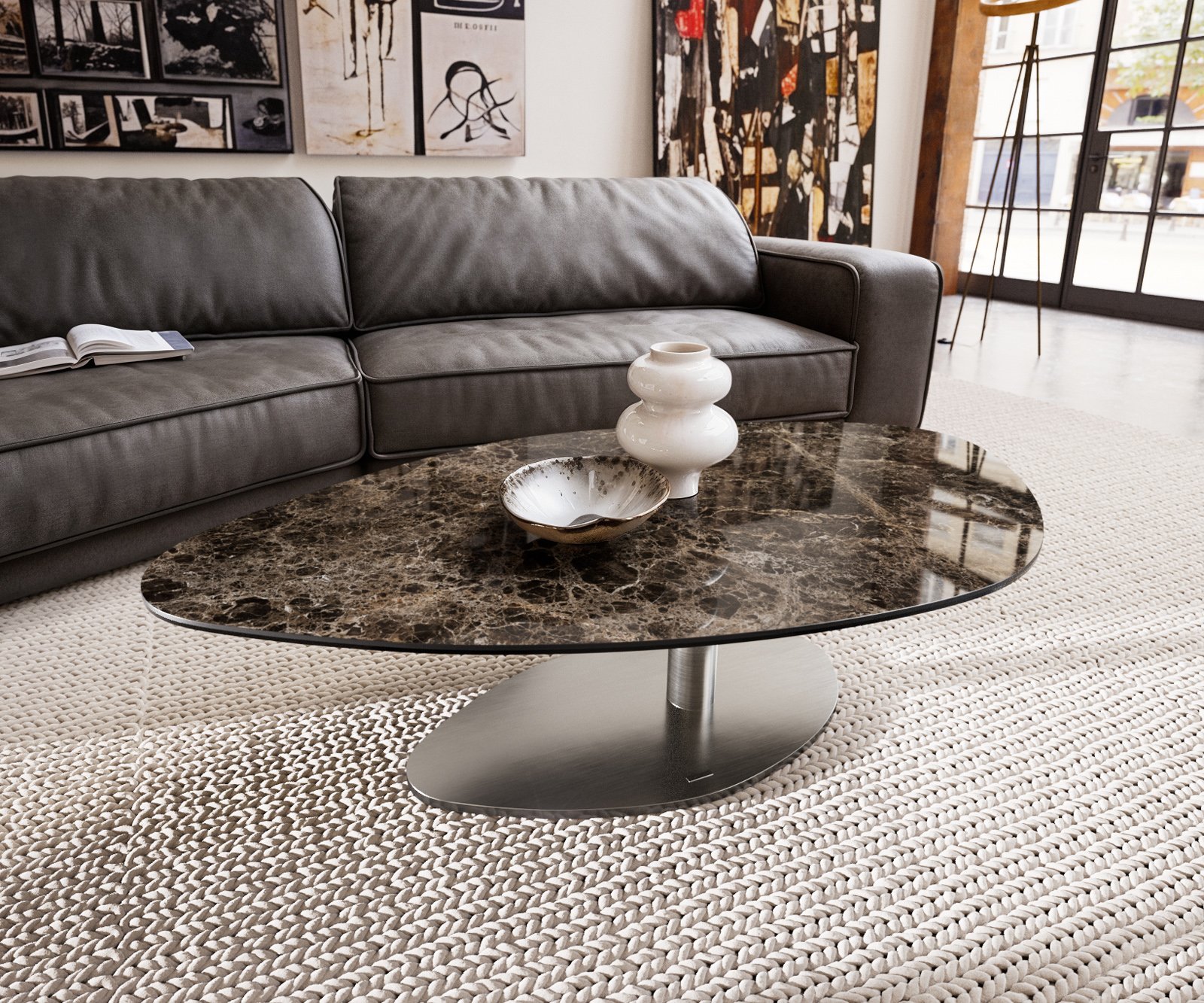 Konferenční stolek Edge organický 140x76 cm keramika Laminam® Emperador Extra Lucidato tmavě hnědá Vibany nerezová ocel broušená - Obrázek 2