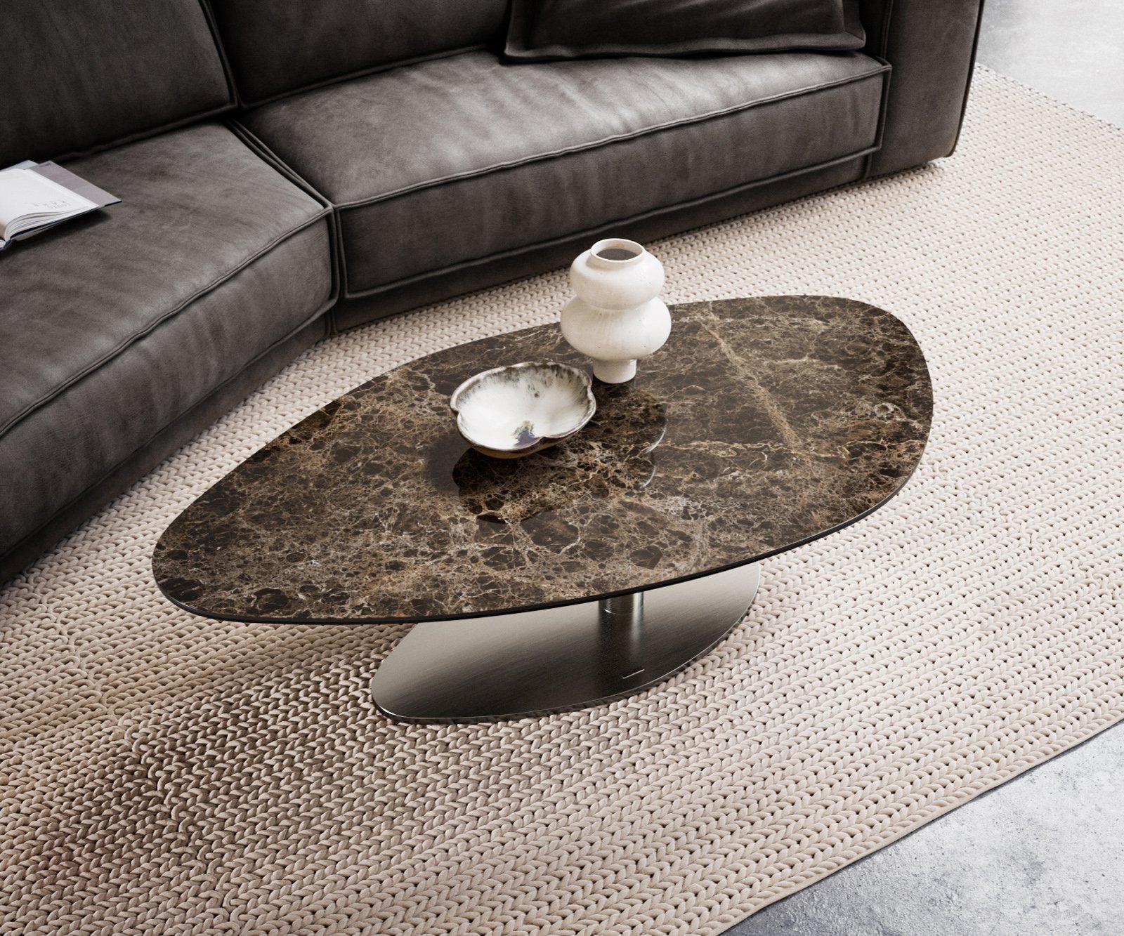 Konferenční stolek Edge organický 140x76 cm keramika Laminam® Emperador Extra Lucidato tmavě hnědá Vibany nerezová ocel broušená - Obrázek 4