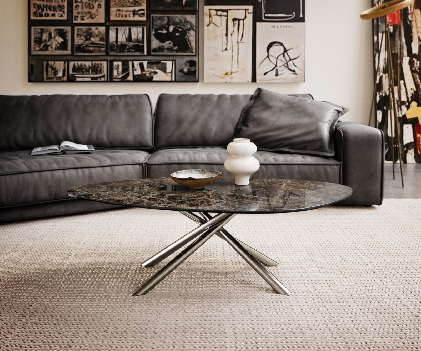 Konferenční stolek Edge organický 140x76 cm keramika Laminam® Emperador Extra Lucidato tmavě hnědá Sarity nerezová ocel kartáčovaná - Obrázek 2