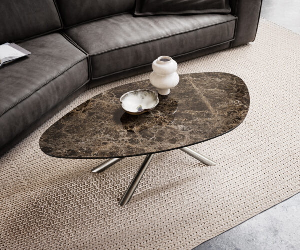 Konferenční stolek Edge organický 140x76 cm keramika Laminam® Emperador Extra Lucidato tmavě hnědá Sarity nerezová ocel kartáčovaná - Obrázek 4