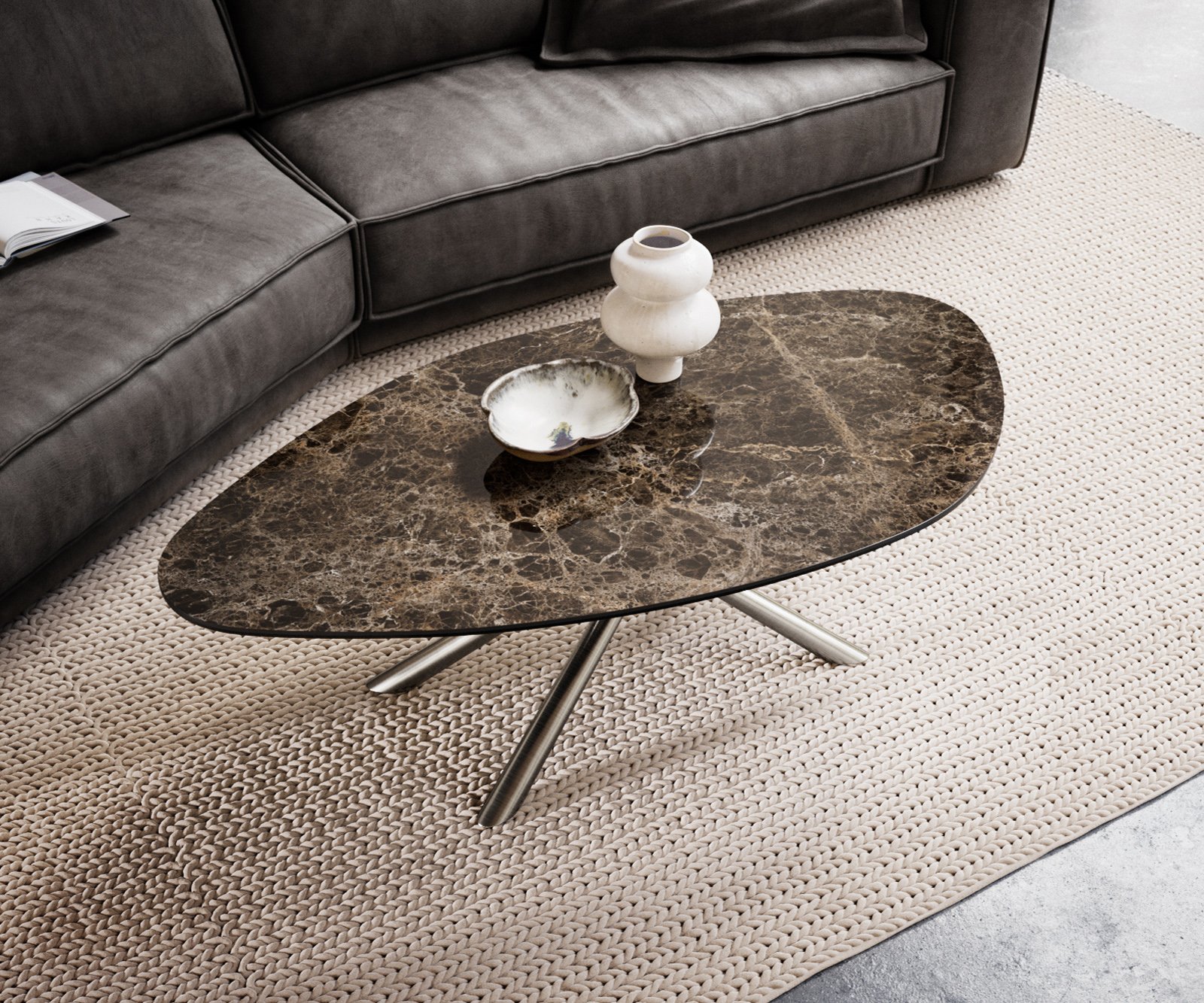 Konferenční stolek Edge organický 140x76 cm keramika Laminam® Emperador Extra Lucidato tmavě hnědá Sarity nerezová ocel kartáčovaná - Obrázek 4