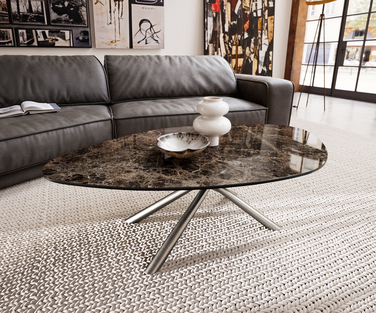 Konferenční stolek Edge organický 140x76 cm keramika Laminam® Emperador Extra Lucidato tmavě hnědá Sarity nerezová ocel kartáčovaná