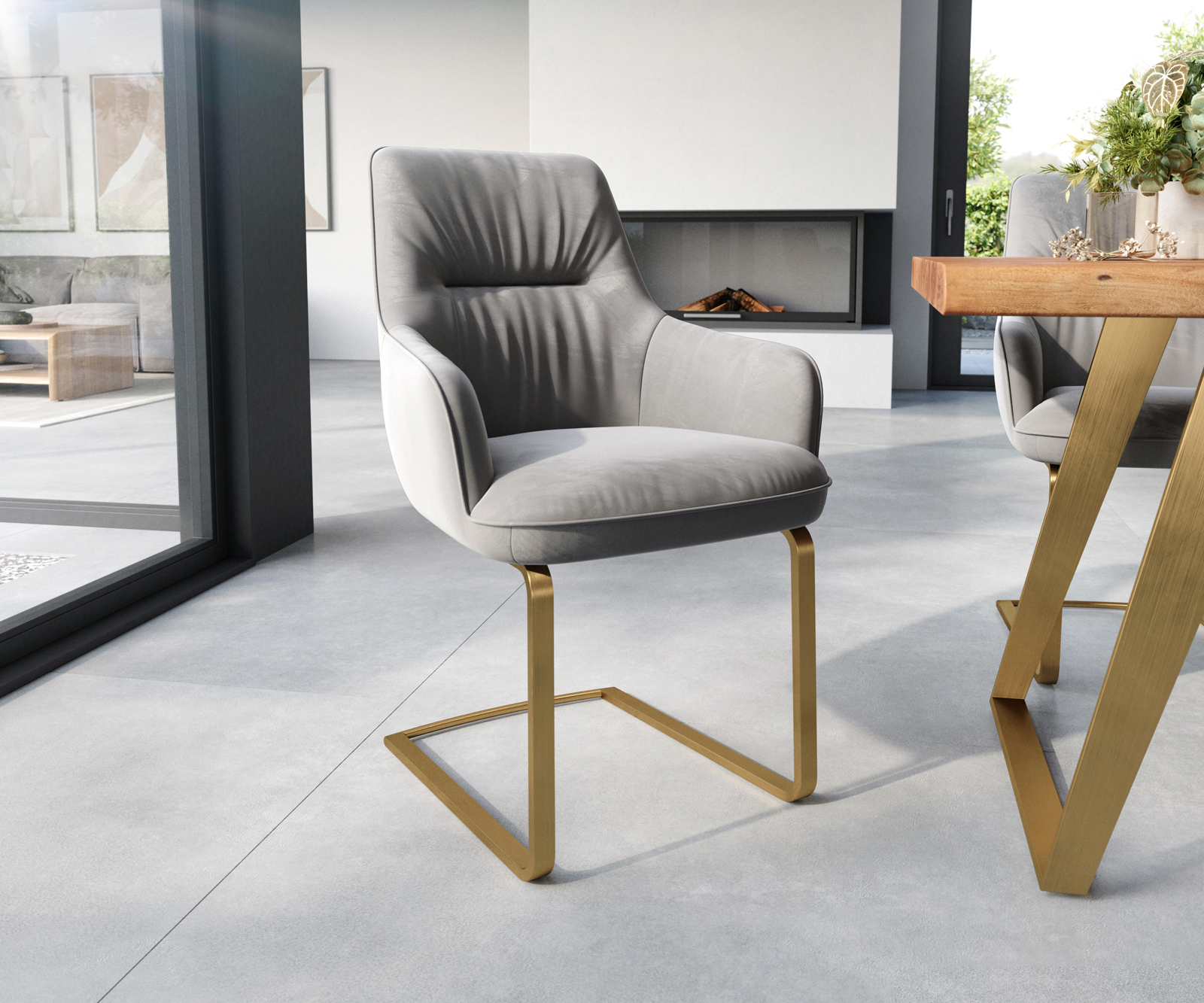 Jídelní židle Zelia-Flex s područkami samet šedá jídelní židle plochá zlatá taštičkové pružiny
