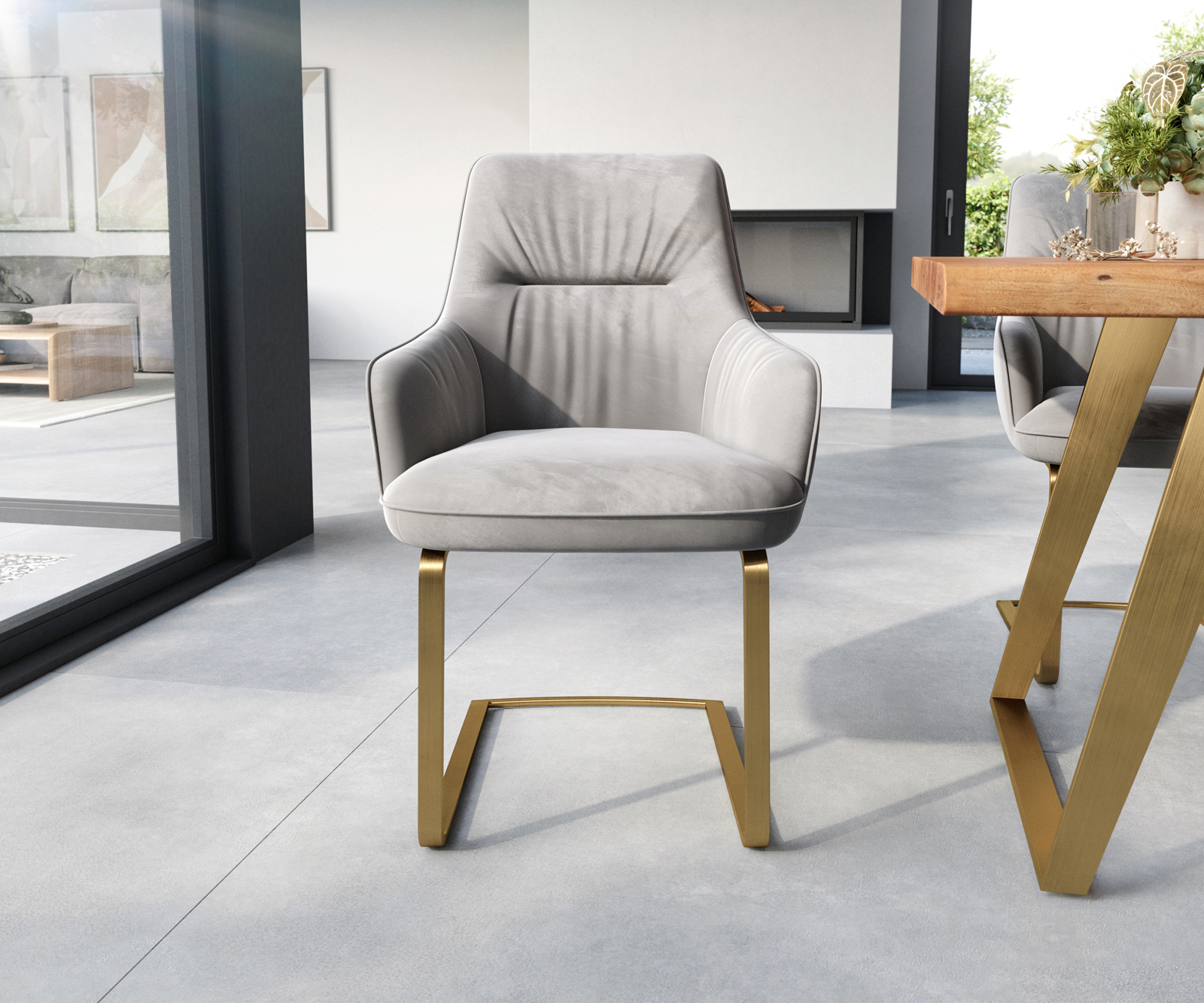 Jídelní židle Zelia-Flex s područkami samet šedá jídelní židle plochá zlatá taštičkové pružiny - Obrázek 2