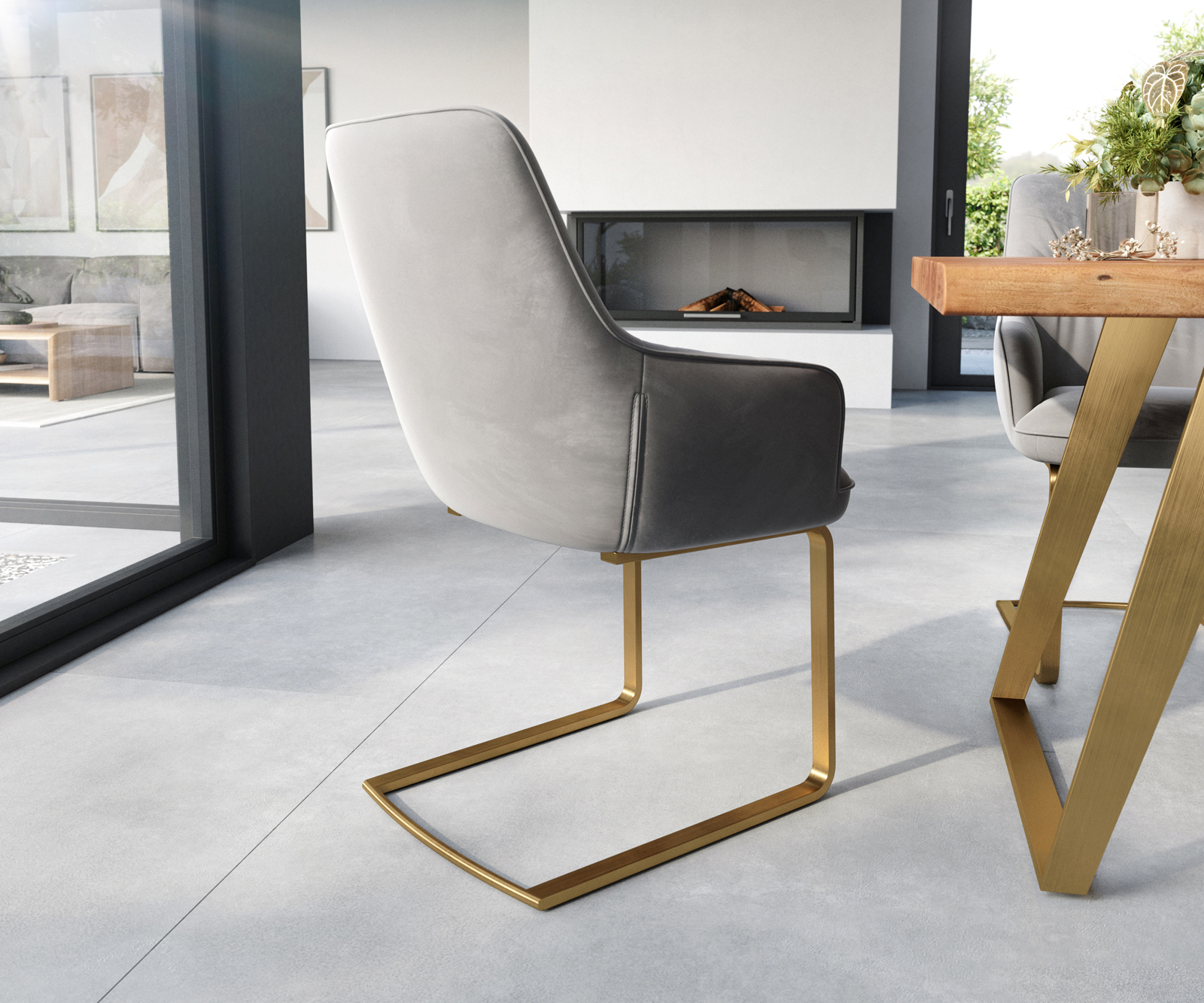 Jídelní židle Zelia-Flex s područkami samet šedá jídelní židle plochá zlatá taštičkové pružiny - Obrázek 5