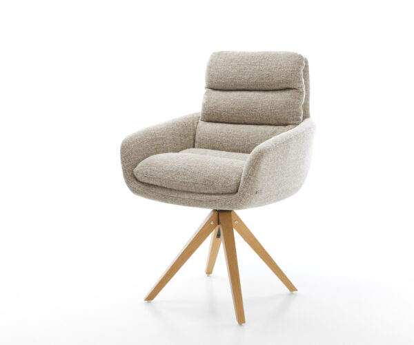 Jídelní židle Abelia-Flex s područkami látka Měkký béžová dřevěná podnož hranatá přírodní 180° otočný