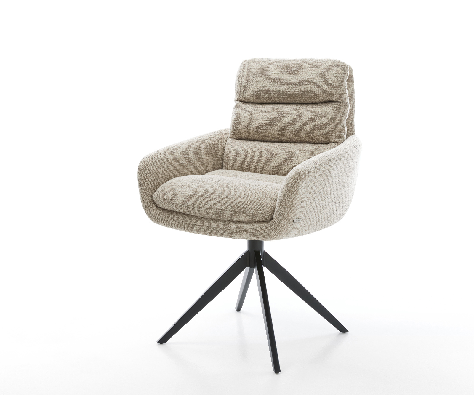 Jídelní židle Abelia-Flex s područkami látka Měkký béžová křížová podnož široká černá 360° otočný houpací funkce
