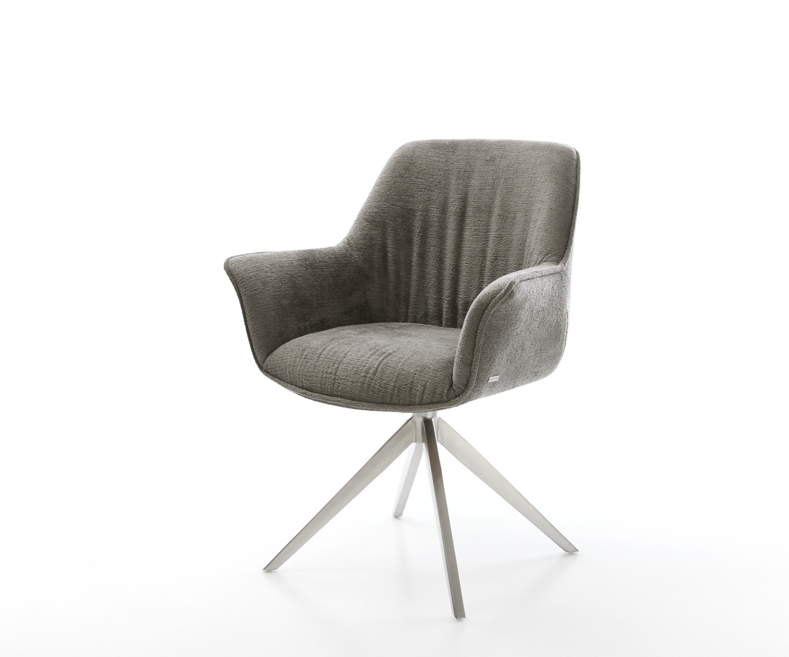 Jídelní židle Keila-Flex s područkami bouclé měkký tmavě béžová křížová podnož široká nerezová ocel 360° otočný houpací funkce