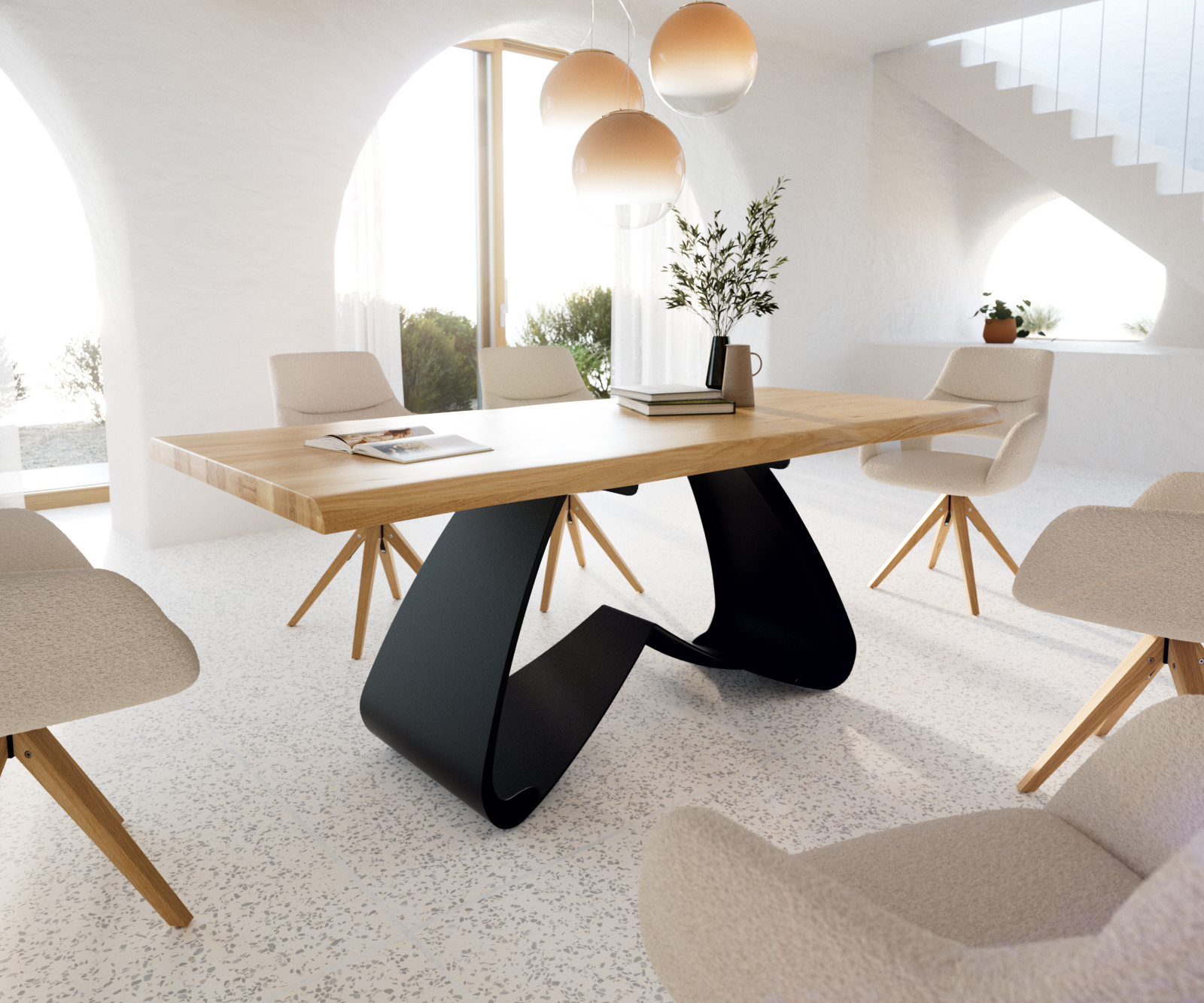 Jídelní stůl Edge 200x100 cm dub přírodní W-podnož kov černá Live-Edge