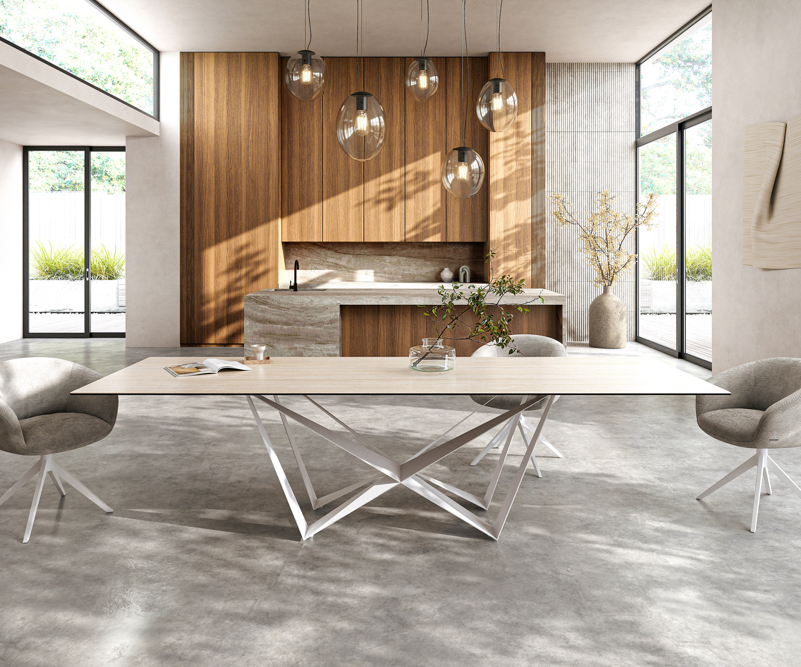 Jídelní stůl Edge 300x100 keramika Laminam® Travertino Bianco krémová bílá Spider kov bílá - Obrázek 2