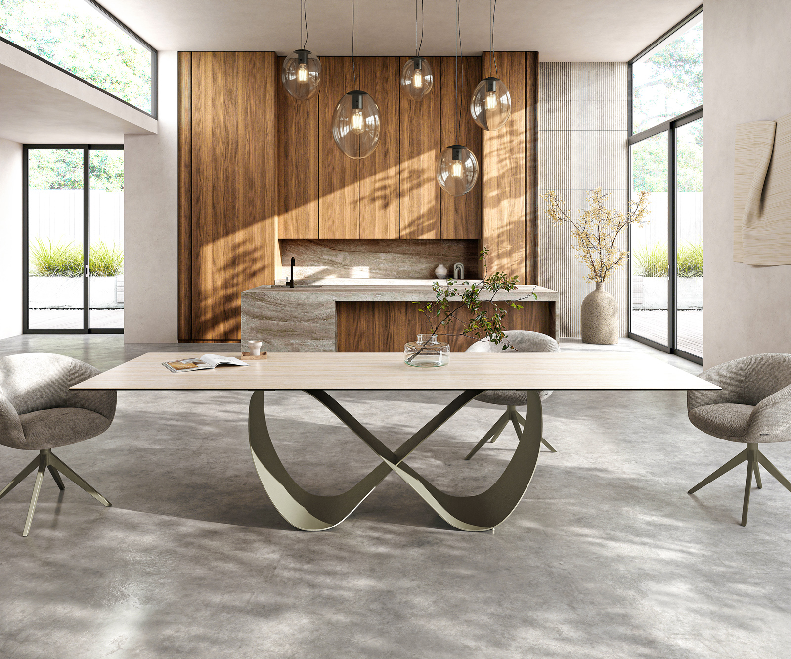 Jídelní stůl Edge 300x100 keramika Laminam® Travertino Bianco krémově bílá Infinity kov titanová barva - Obrázek 2