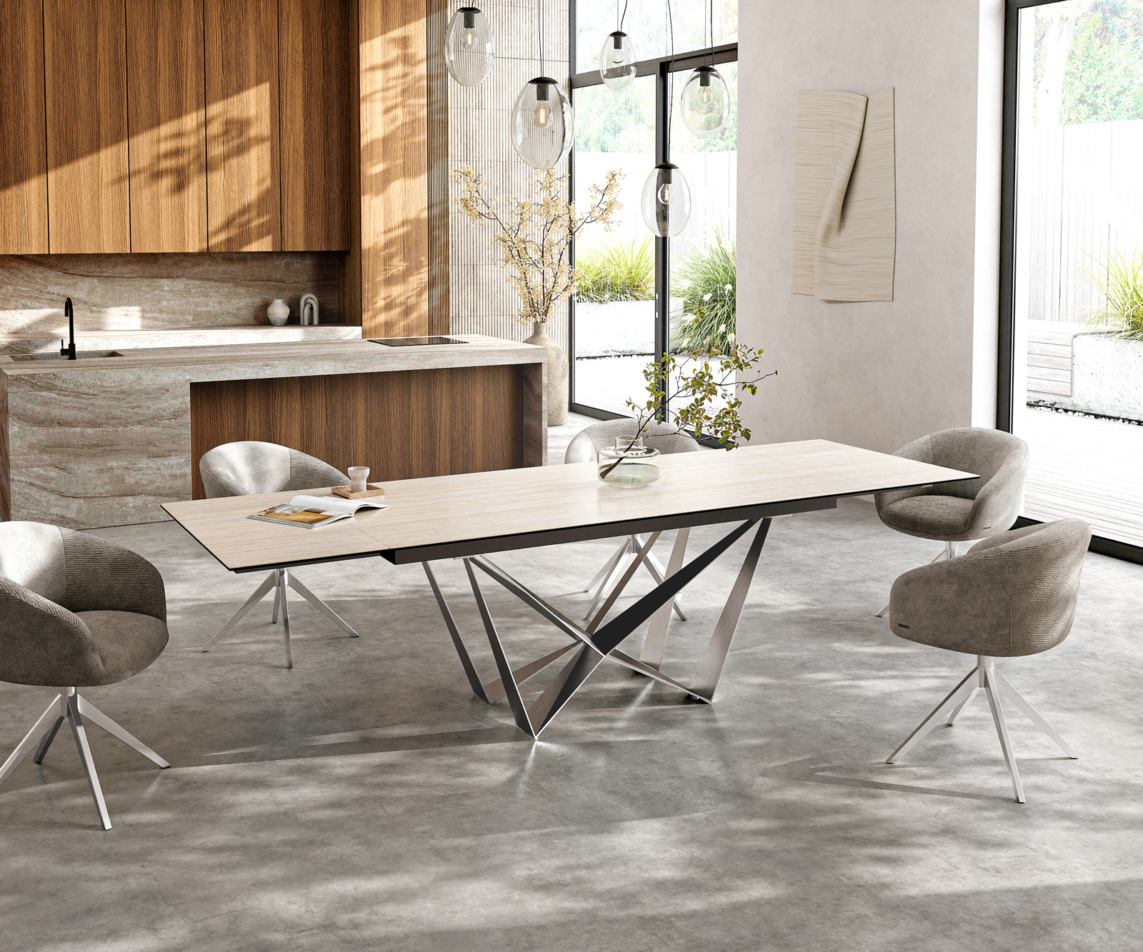 Jídelní stůl Edge 200-300x100 keramika Laminam® Travertino Bianco krémově bílá Spider plochá ocel nerezová ocel rozkládací - Obrázek 7