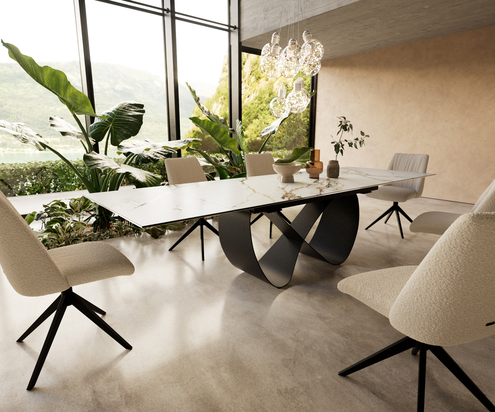 Jídelní stůl Edge 200-300x100 cm keramika Calacatta Luxe bílá-zlatá-šedá Infinity kov černý rozkládací