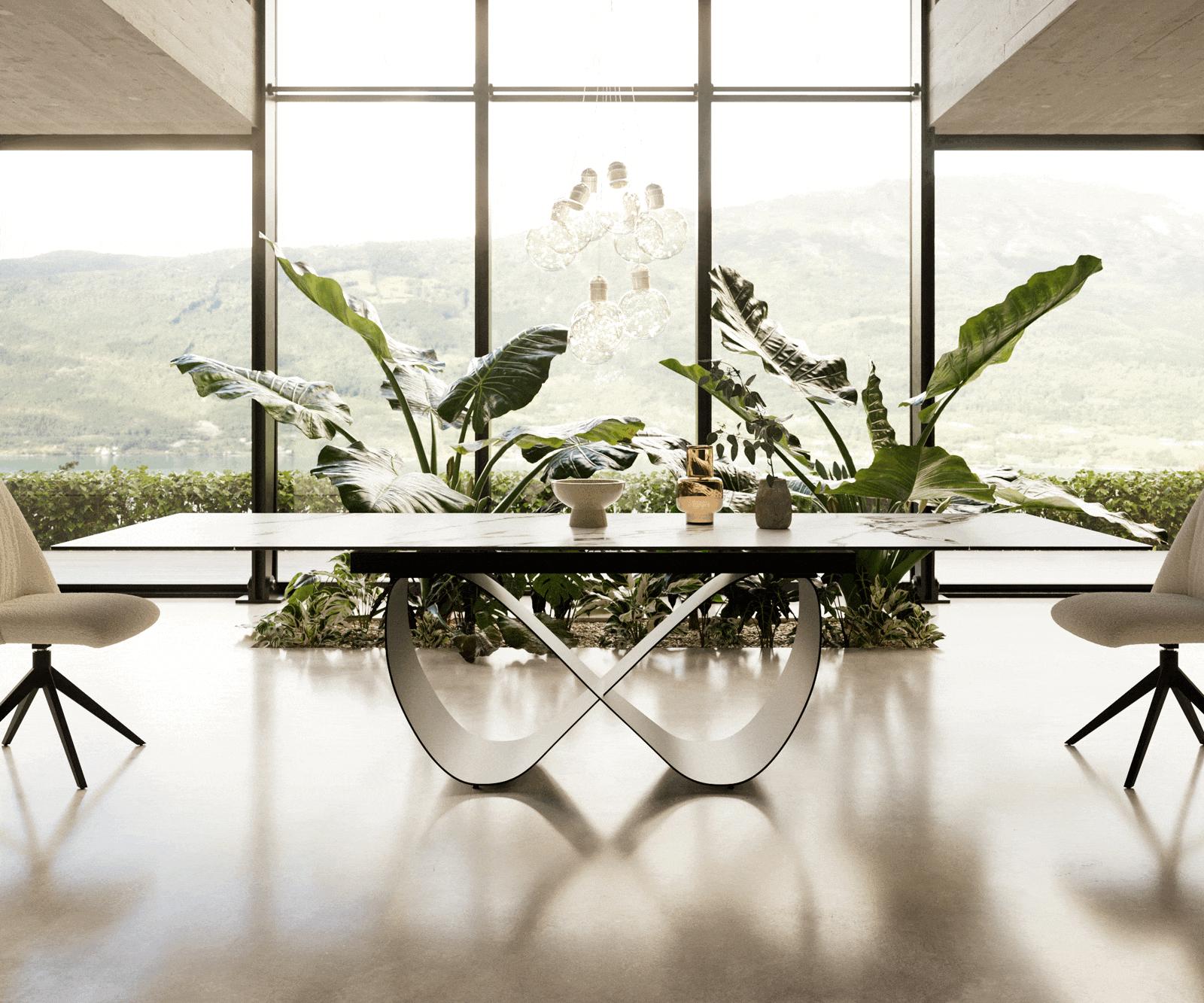 Jídelní stůl Edge 200-300x100 cm keramika Calacatta Luxe bílá-zlatá-šedá Infinity kov černý rozkládací - Obrázek 2