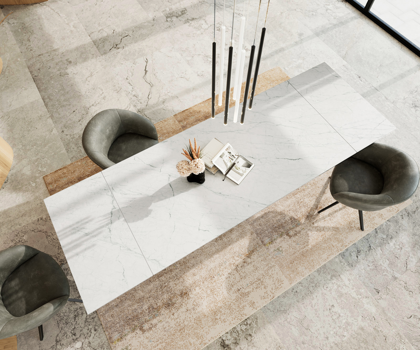 Jídelní stůl Edge 200-300x100 cm keramika Laminam® Statuarietto bílá Infinity kov černý rozkládací - Obrázek 4