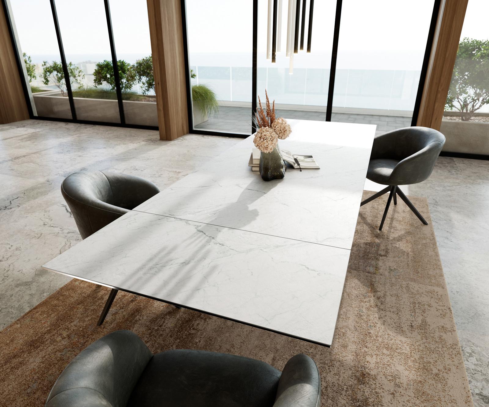 Jídelní stůl Edge 200-300x100 cm keramika Laminam® Statuarietto bílá Infinity kov černý rozkládací - Obrázek 7