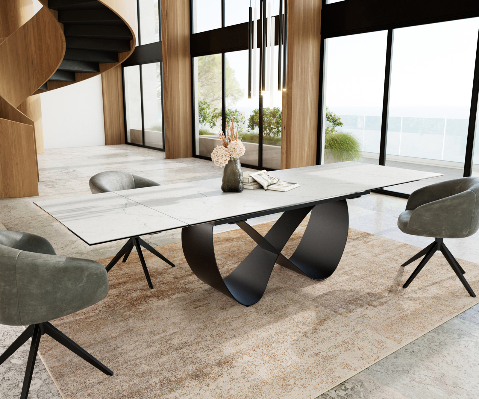 Jídelní stůl Edge 200-300x100 cm keramika Laminam® Statuarietto bílá Infinity kov černý rozkládací - Obrázek 8