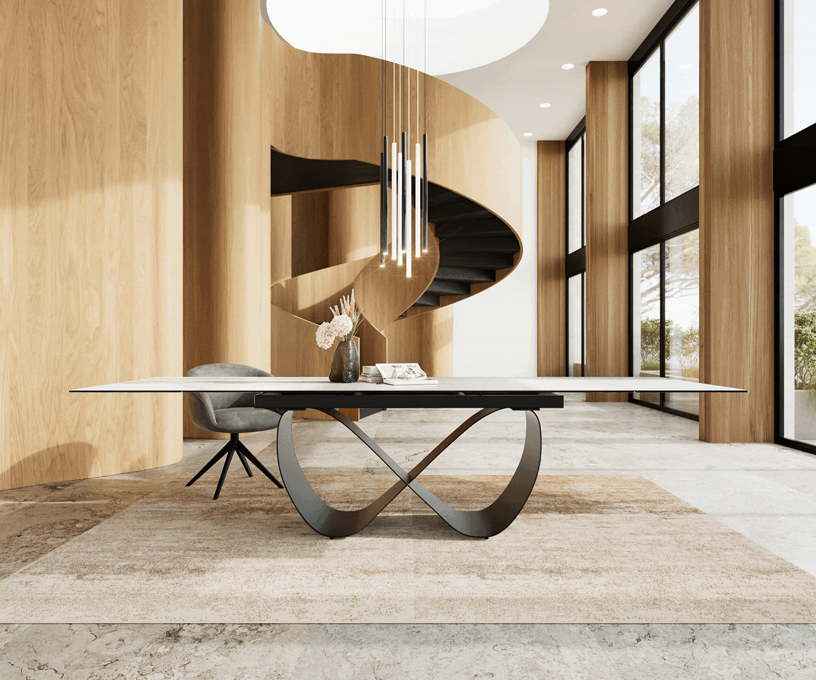 Jídelní stůl Edge 200-300x100 cm keramika Laminam® Statuarietto bílá Infinity kov černý rozkládací - Obrázek 2