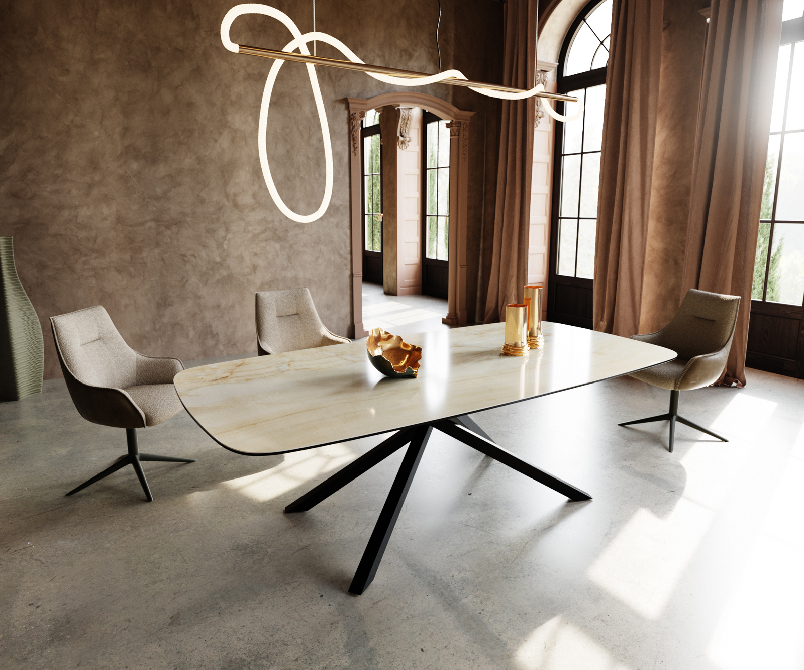 Jídelní stůl Edge Boot 240x120 cm keramika Iris FMG Onice Oro křížová podnož obdélník černá