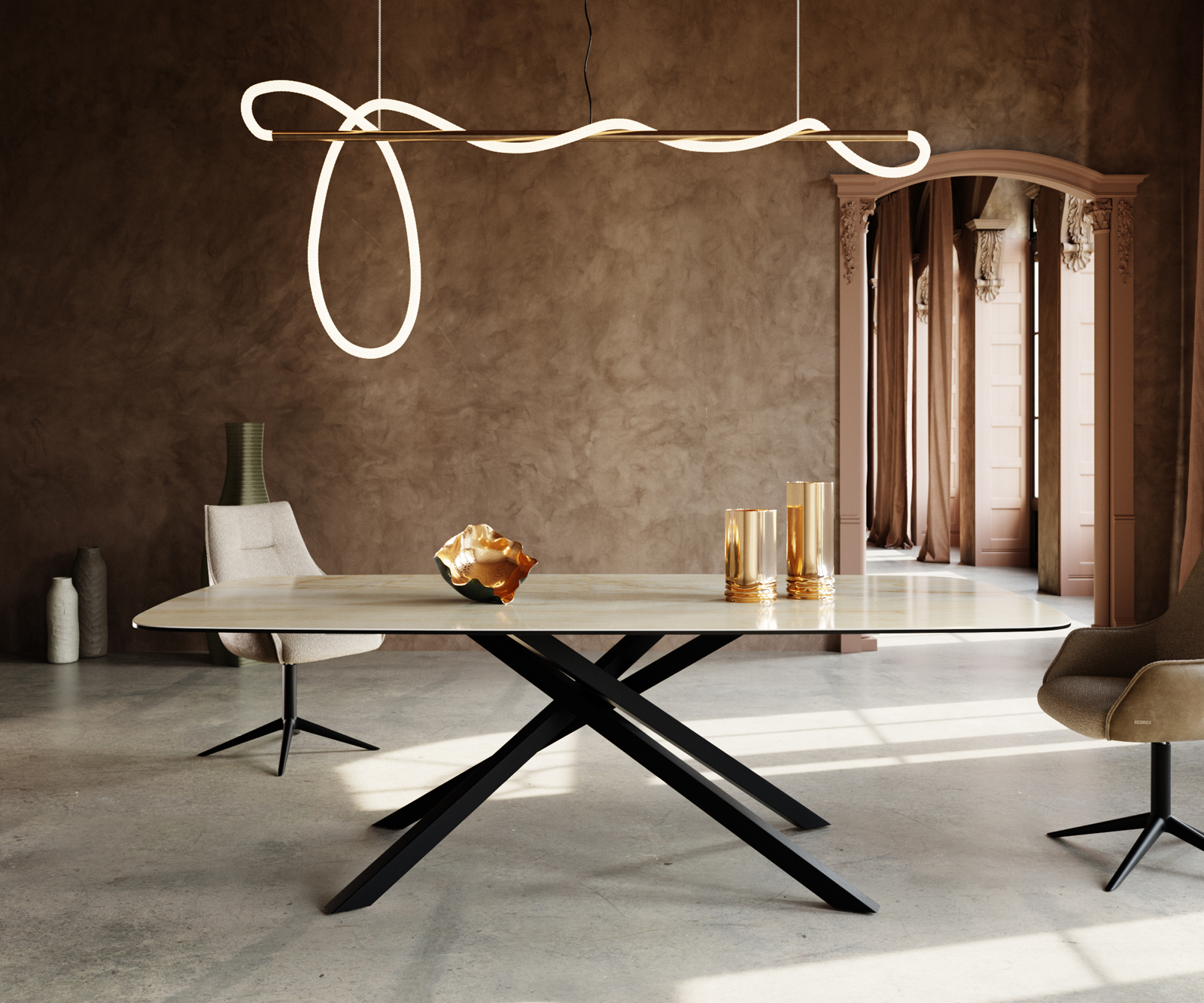 Jídelní stůl Edge Boot 240x120 cm keramika Iris FMG Onice Oro křížová podnož obdélník černá - Obrázek 2