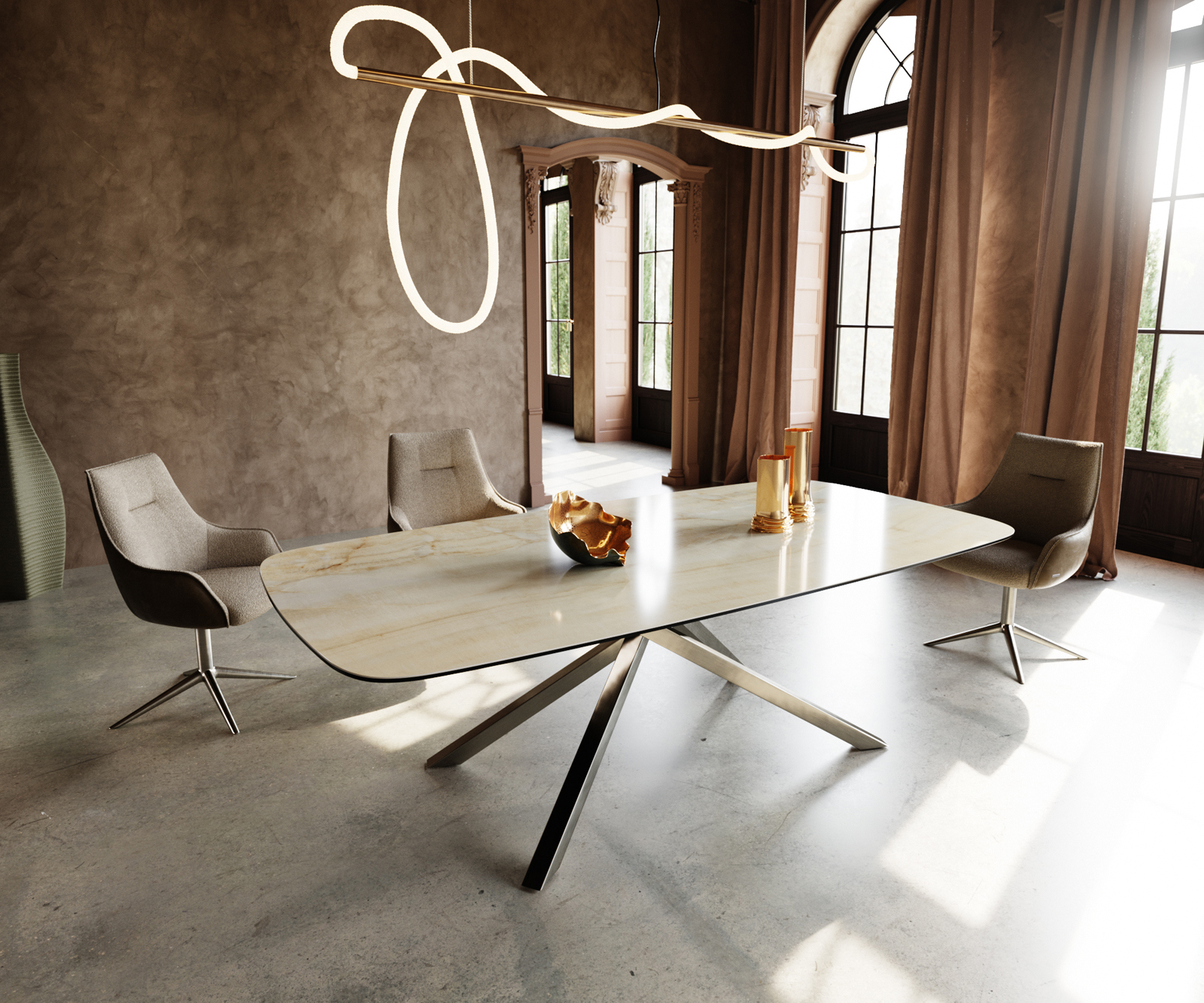 Jídelní stůl Edge Boot 240x120 cm keramika Iris FMG Onice Oro křížová podnož hranatý nerezová ocel