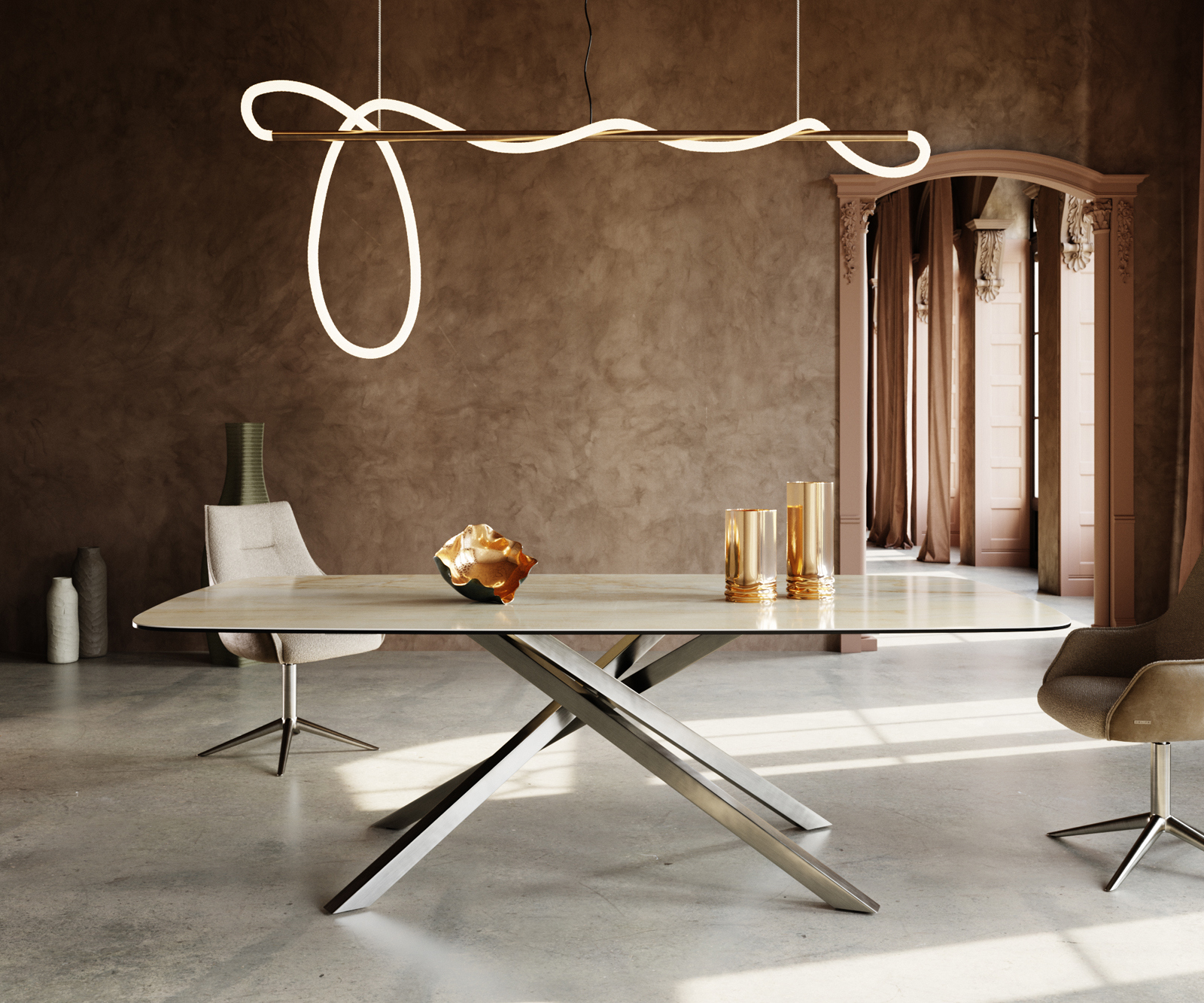 Jídelní stůl Edge Boot 240x120 cm keramika Iris FMG Onice Oro křížová podnož hranatý nerezová ocel - Obrázek 2