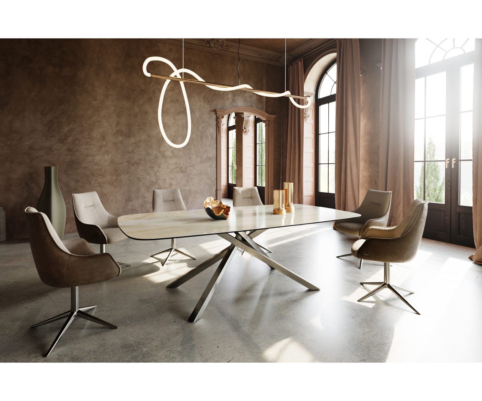 Jídelní stůl Edge Boot 240x120 cm keramika Iris FMG Onice Oro křížová podnož hranatý nerezová ocel - Obrázek 6