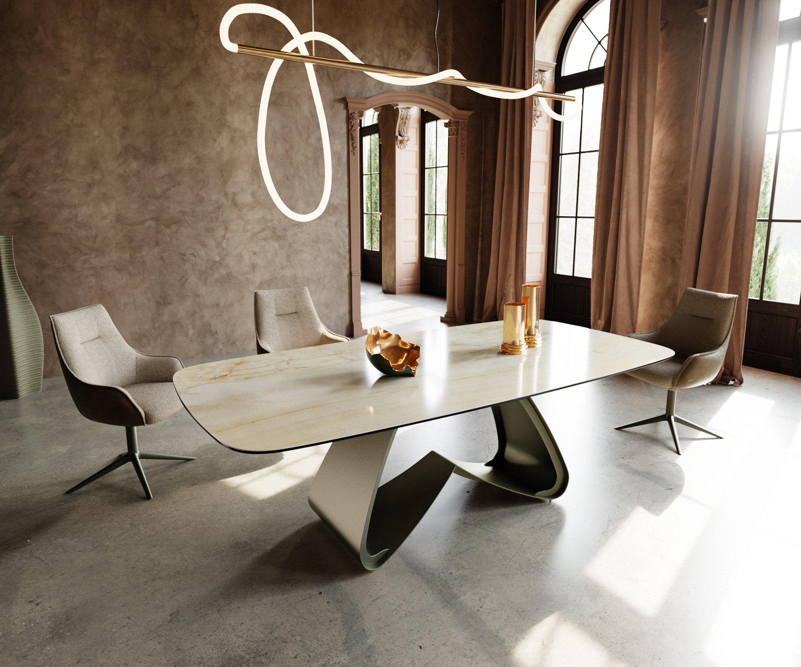 Jídelní stůl Edge Boot 240x120 cm keramika Iris FMG Onice Oro W-podnož kov titanová barva