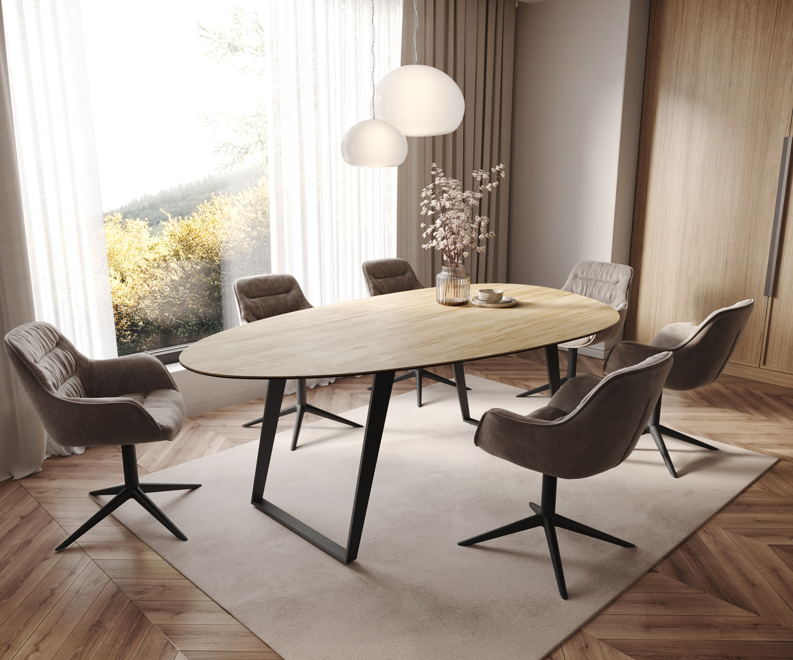 Jídelní stůl Edge oválný 220x120 cm keramika Laminam® sabbia dubová barva kov šikmý černý - Obrázek 7