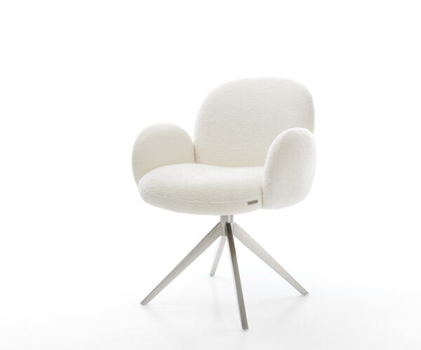 Jídelní židle Nube-Flex s područkami bouclé měkký béžová křížová podnož široká nerezová ocel 360° otočný taštičkové pružiny